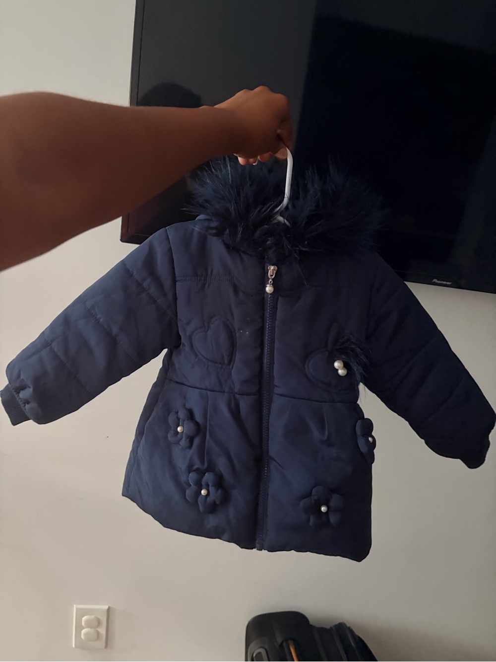 wonder nation Navy Blue Puffer Coat with Faux Fur Hood
